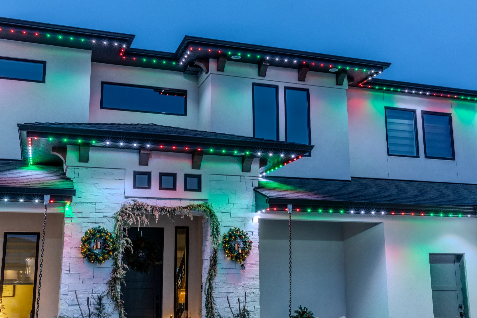 Bold red accent lighting for a holiday celebration on a modern farmhouse
